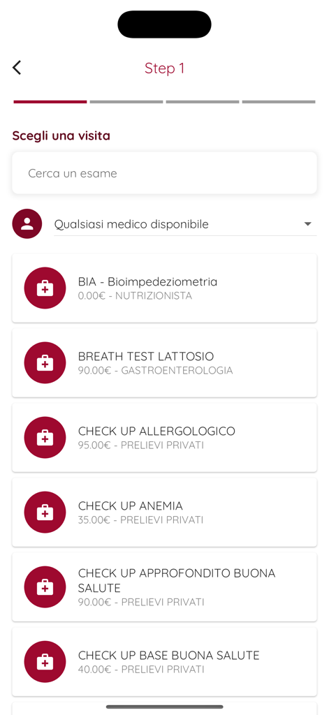 SEFAMO - Schermata dell'app SEFAMO che mostra un elenco di esami medici e check-up disponibili per la prenotazione.