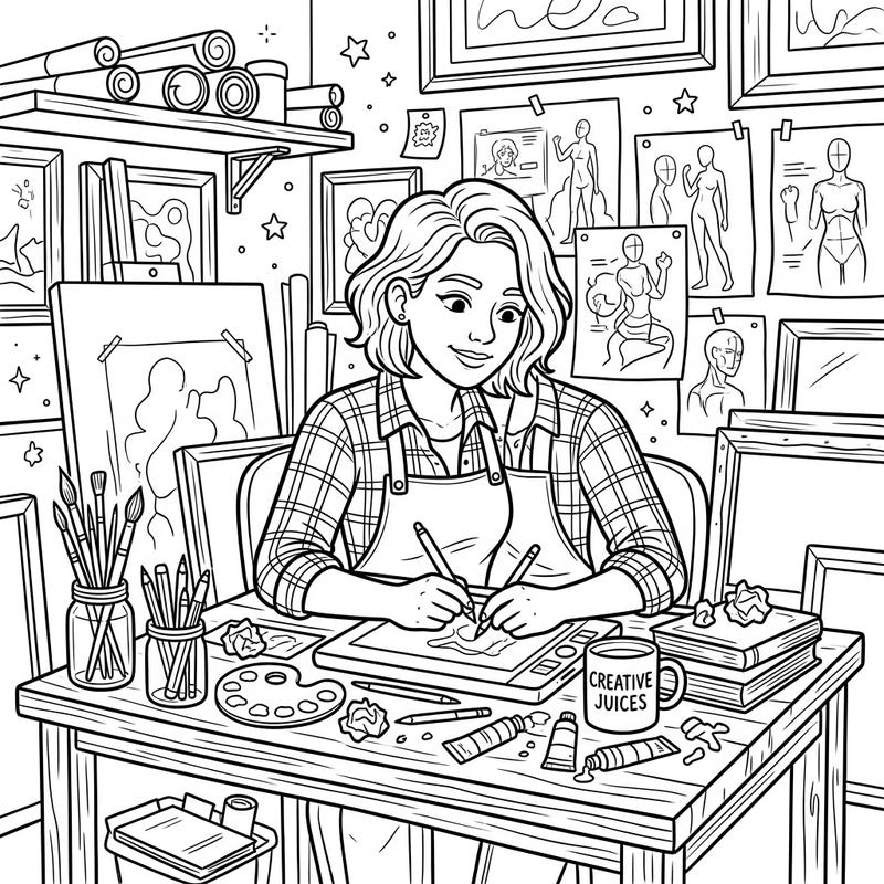 Immerse yourself in the world of art with this delightful coloring page featuring an artist diligently working in her vibrant studio. Discover endless creative possibilities as you bring this inspiring scene to life with your favorite colors.