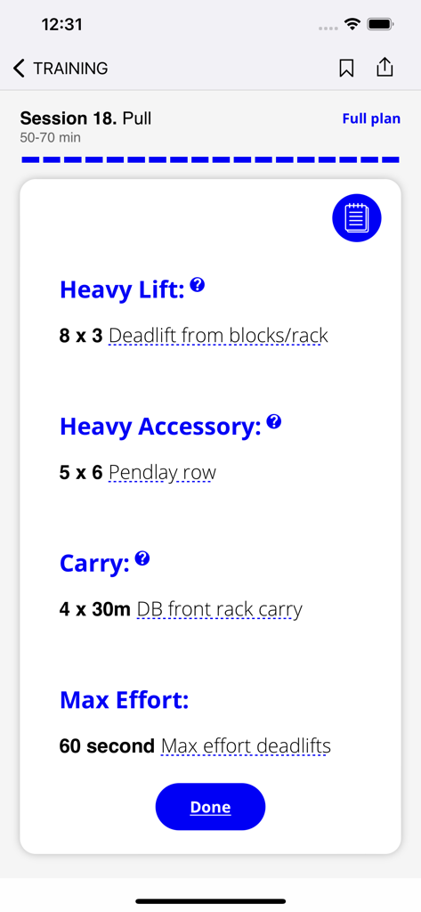 Men's Health UK - エクササイズ、セット、レップを表示するプルワークアウトルーチンのMen's Health UKアプリ内のトレーニングセッション画面