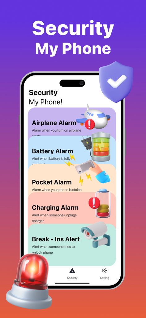 Dont Touch My Phone: Antitheft - Interfaccia dell'app mobile che mostra funzioni di sicurezza come allarme aereo allarme batteria e allarme tascabile