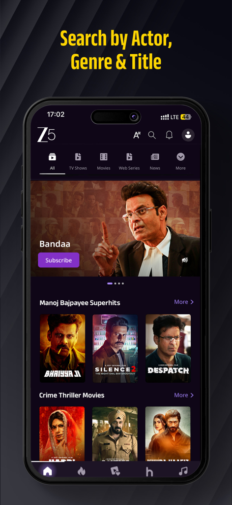 Un smartphone que muestra la interfaz de la aplicación ZEE5 con opciones para buscar películas y programas por actor, género y título.