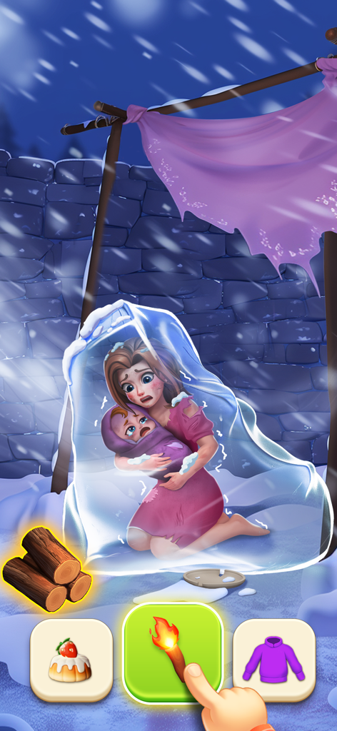 Mãe e bebê tremendo dentro de um bloco de gelo com escolhas de sobrevivência em Dream Match Story.