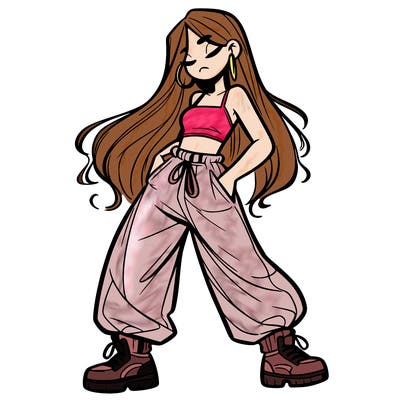 girl in baggy pants crop top and long hair