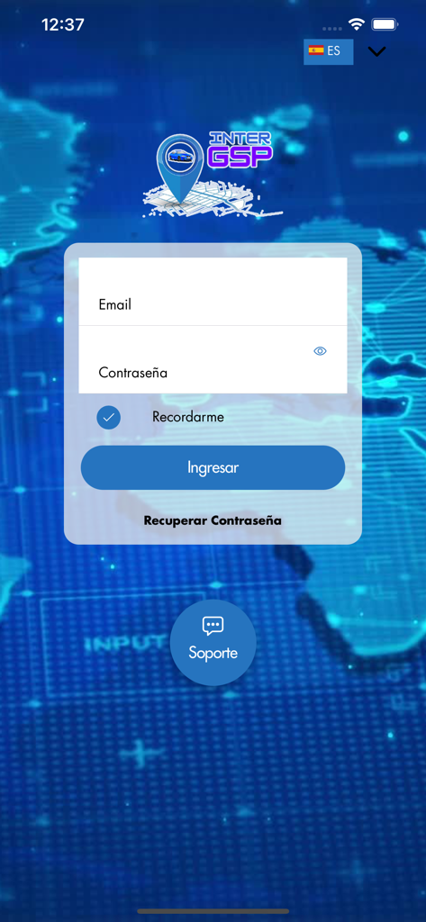 Pantalla de inicio de sesión de la aplicación Rastreo InterGPS con campos para correo electrónico y contraseña en español.