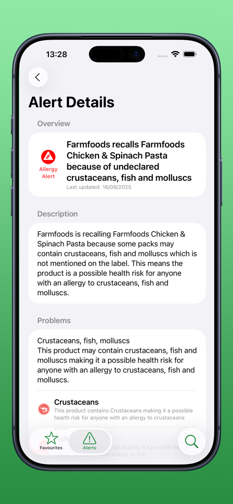 UK Food Hygiene Ratings - UK Food Hygiene app showing a product recall alert for undeclared allergens in chicken and spinach pasta