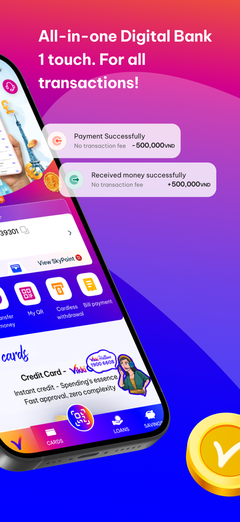 Vikki - Ngân hàng Số - Vikkiデジタルバンキングアプリのインターフェース、取引通知と金融サービスを表示