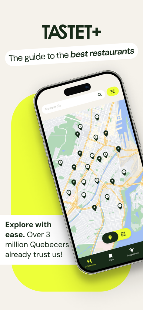 Tastet plus mobile App zeigt eine Restaurantkarte mit kuratierten Essensorten und Empfehlungen