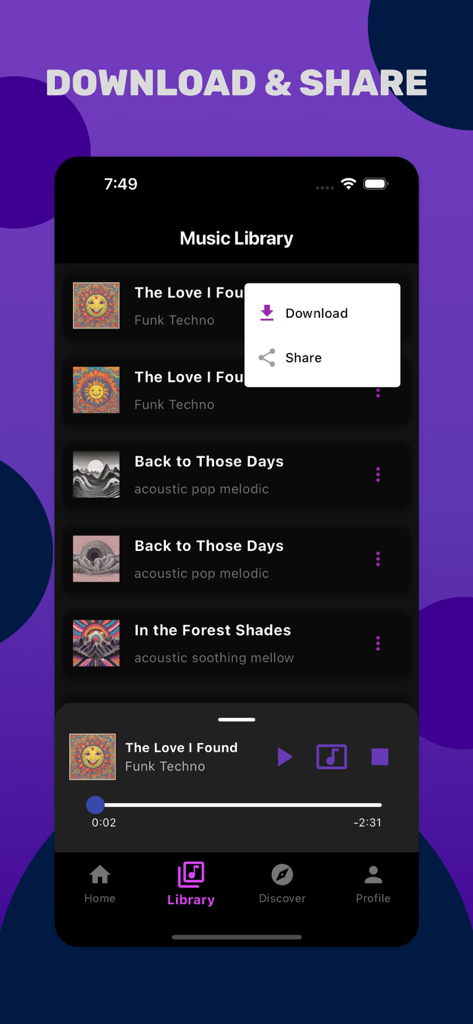 AI Music Generator - Sonora Ai - Music library screen in Sonora AI app showing download and share options for generated songs.