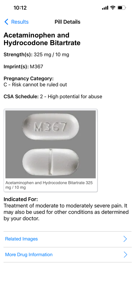 Screen showing medication details and images for Acetaminophen and Hydrocodone Bitartrate with imprint M367.