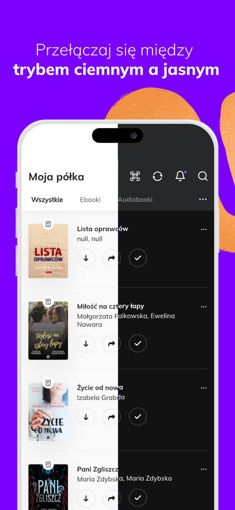 Woblink - The Woblink app library screen shown in a split view of light and dark modes.