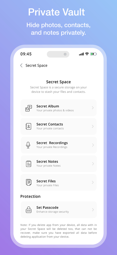 Private Vault interface in the Cleaner Kit app showing options to hide secret photos, contacts, and notes with passcode protection