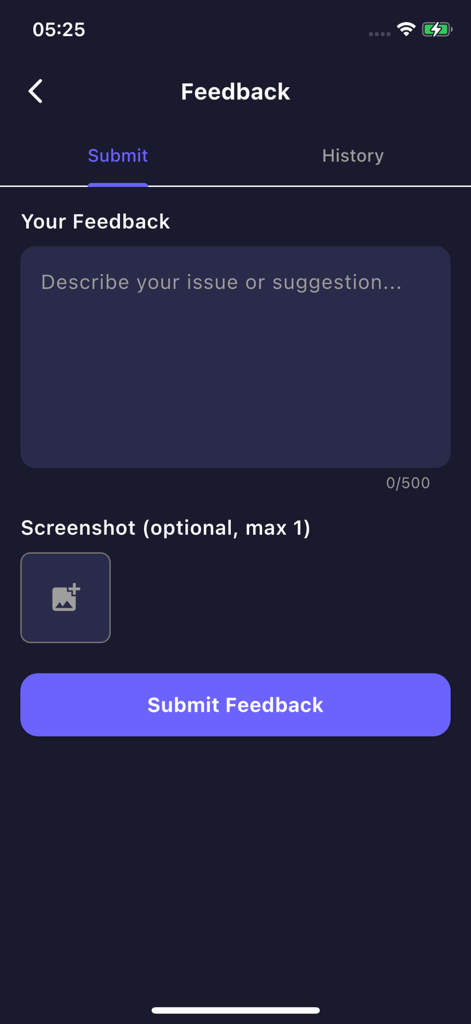 VivideoAI - Oberfläche zur Einreichung von Feedback in der VivideoAI-App, die ein Textfeld für Vorschläge und eine Schaltfläche zum Senden anzeigt.