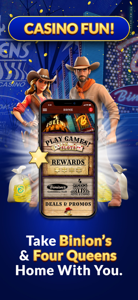 Binion's and Four Queens Game Quest app home screen featuring rewards and casino titles