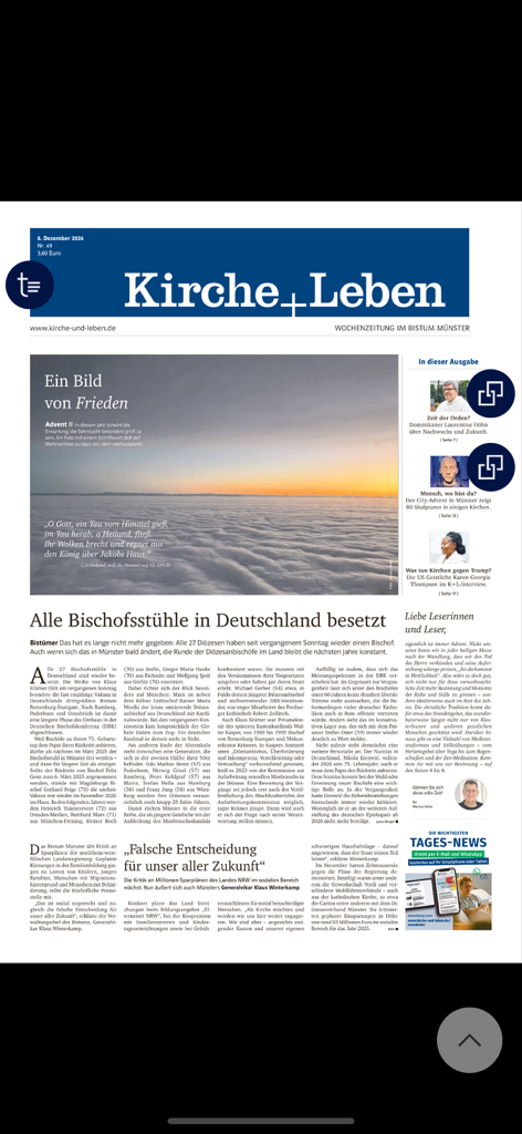 Kirche+Leben E-Paper - Titelseite des deutschen katholischen E-Papers Kirche+Leben mit verschiedenen Nachrichtenartikeln.