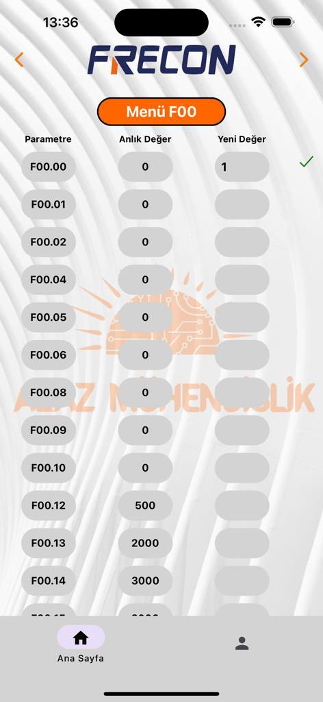 inFlow - Technical settings screen showing motor driver parameters and configuration in the inFlow app