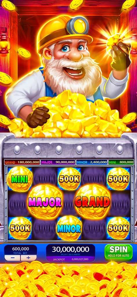 Personaje minero de oro celebrando una gran victoria en una máquina tragaperras con múltiples botes