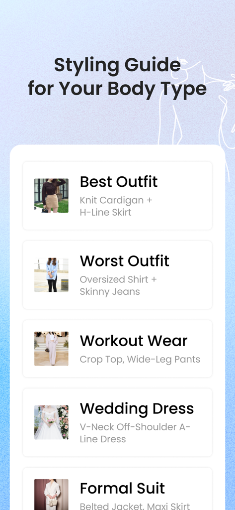 Seoul Beauty Lab: Face & Body - A styling guide for different body types in the Seoul Beauty Lab app showing recommended and discouraged outfits for various occasions