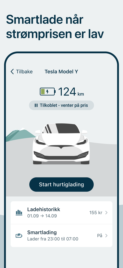 VEV Strom mobile app interface showing smart EV charging management for a Tesla Model Y based on electricity prices