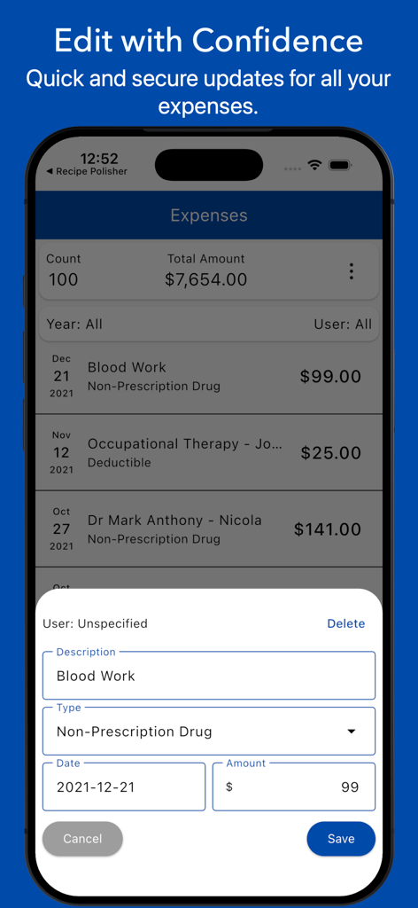 Interface showing how to edit a medical expense entry in the app