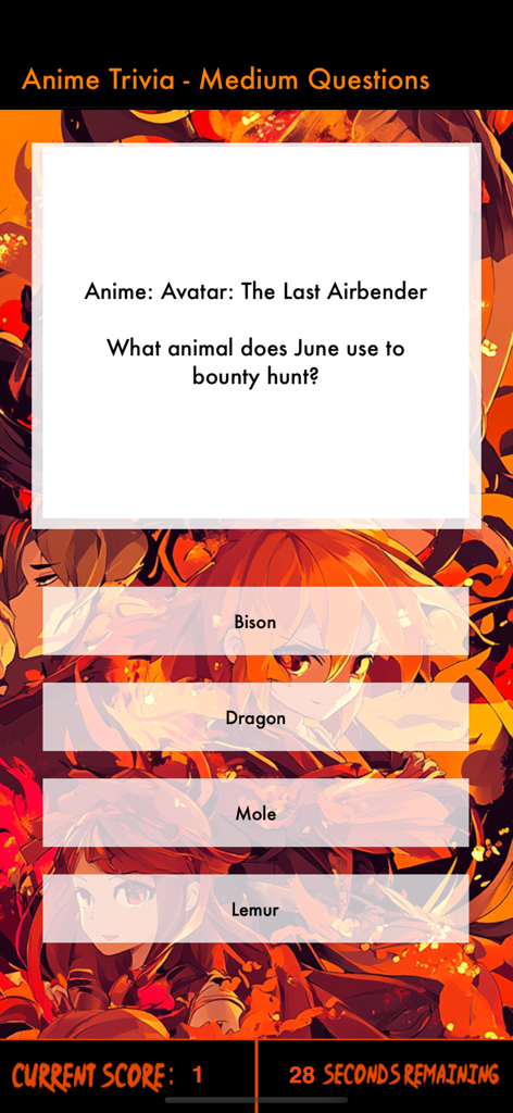 Anime Trivia Pro (Inc. Manga) - Screenshot of a medium difficulty question in the Anime Trivia Pro app about Avatar The Last Airbender.