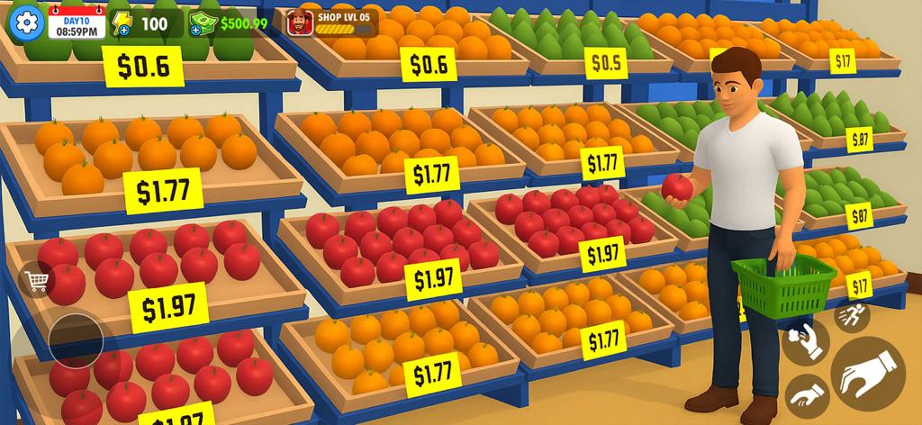 Farm Supermarket Simulator - A character holding an apple while standing in front of organized shelves filled with fruit in Farm Supermarket Simulator.