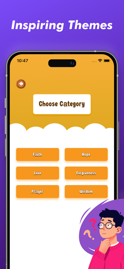 Bible Word Search Puzzle - Bible word search puzzle category selection screen with themes like Faith Hope and Love
