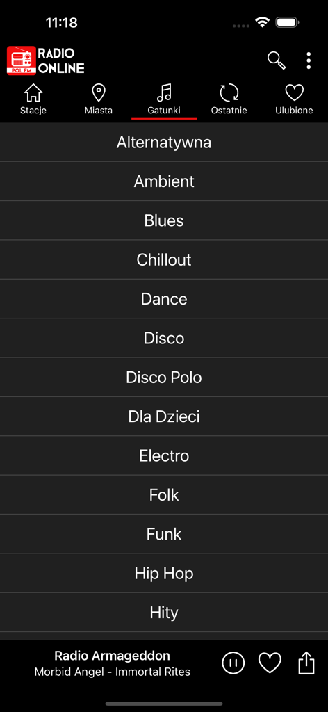 Radio Internetowe - Interface da aplicação Rádio por Internet mostrando uma lista de géneros musicais, incluindo Disco Polo e Folk