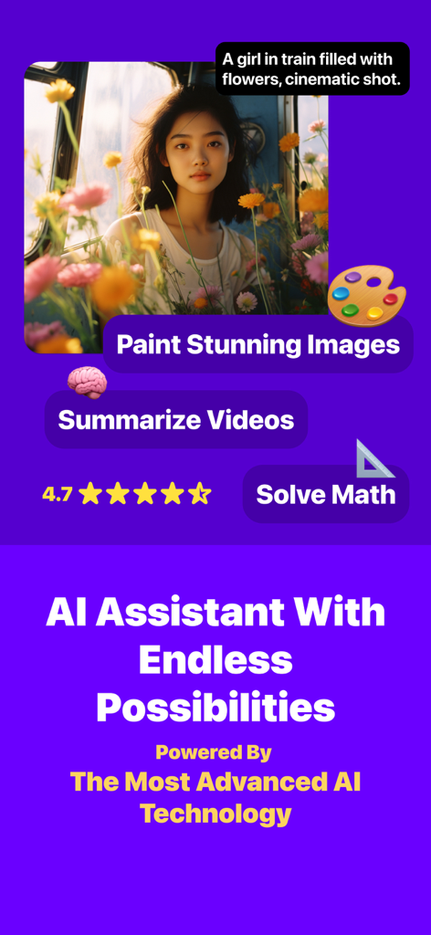 Smarty - AI chatbot & keyboard - Screenshot of Smarty AI chatbot app showcasing features like image generation, video summarization, and math solving.