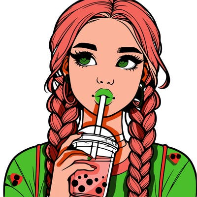 realistic girl with braided hair drinking boba