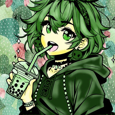 hot baddie anime girl drinking boba and biting the straw