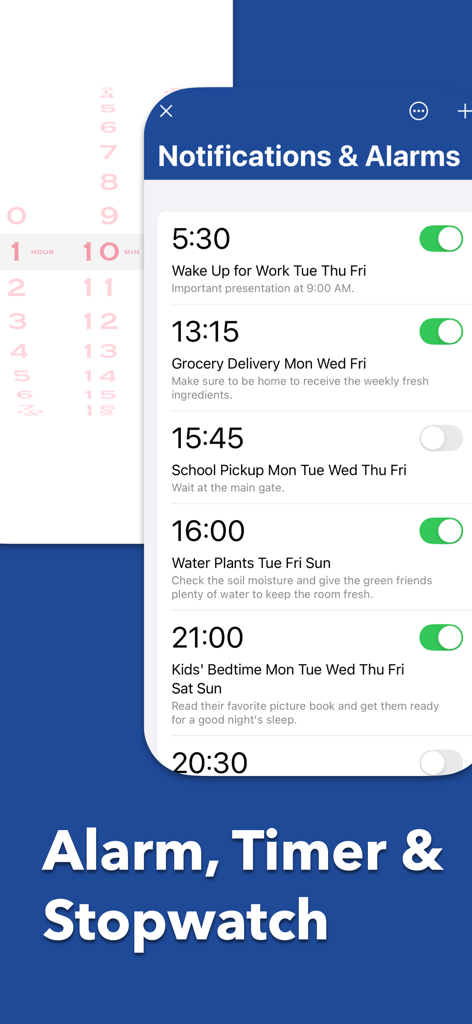 Mugen Clock app interface showing scheduled alarms and notification settings.