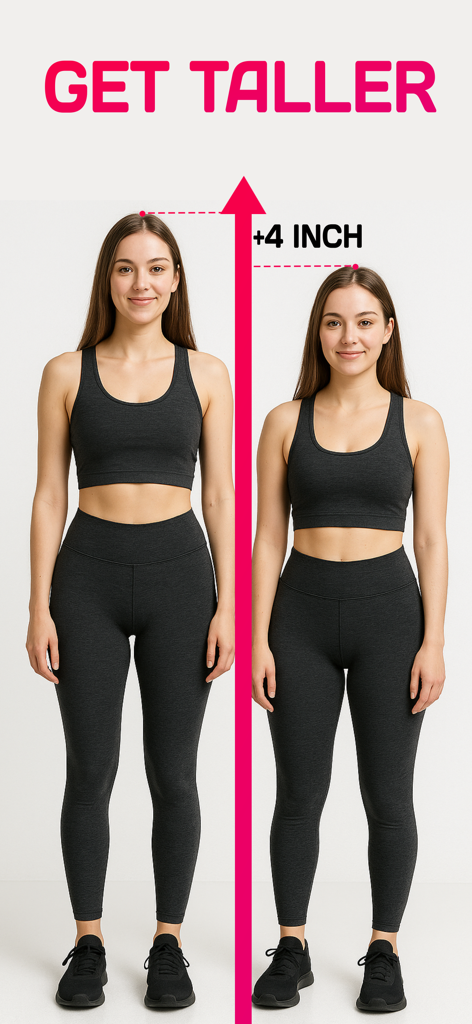 Side by side comparison of a woman showing a four inch height increase