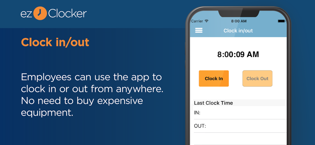 ezClocker: Employee Time Track - ezClocker mobile app interface for employee clocking in and out