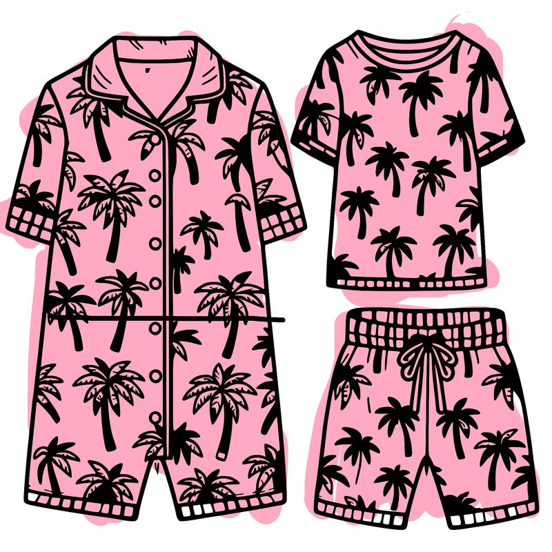 short sleeves pajamas with lots of palm trees on it