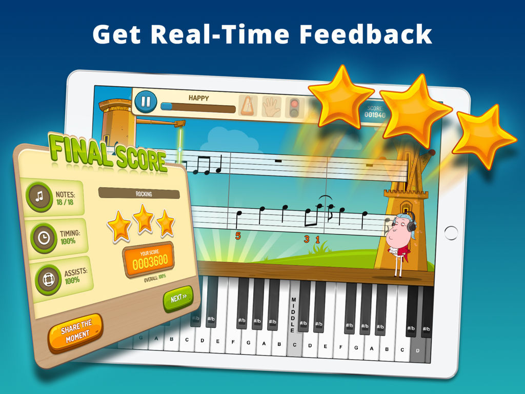 Piano Maestro - La aplicación Piano Maestro en iPad mostrando una puntuación final de 3 estrellas y retroalimentación de práctica de piano en tiempo real.