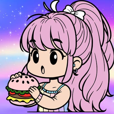 a girl that has a long pony tail eating a burger