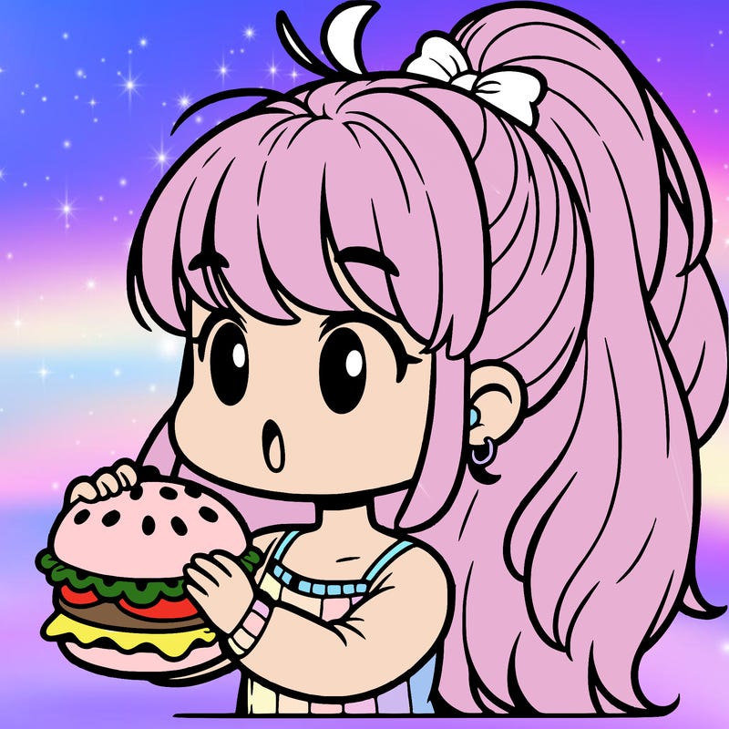 a girl that has a long pony tail eating a burger