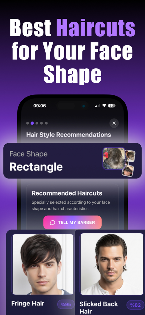 AI app interface showing recommended haircuts for a rectangle face shape including fringe and slicked back styles