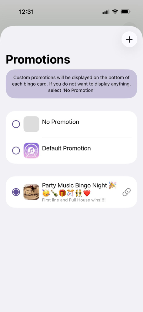 Shuffle Music Bingo - Game - Interface for setting custom promotions and messages for printed music bingo cards
