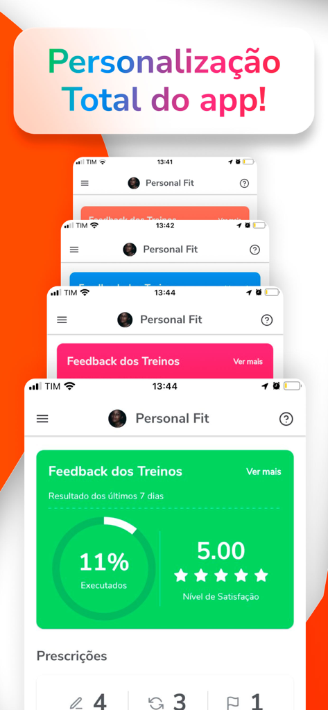 Personal Fit - Personal Fit app interface displaying multiple color themes for custom trainer branding and workout feedback dashboards.