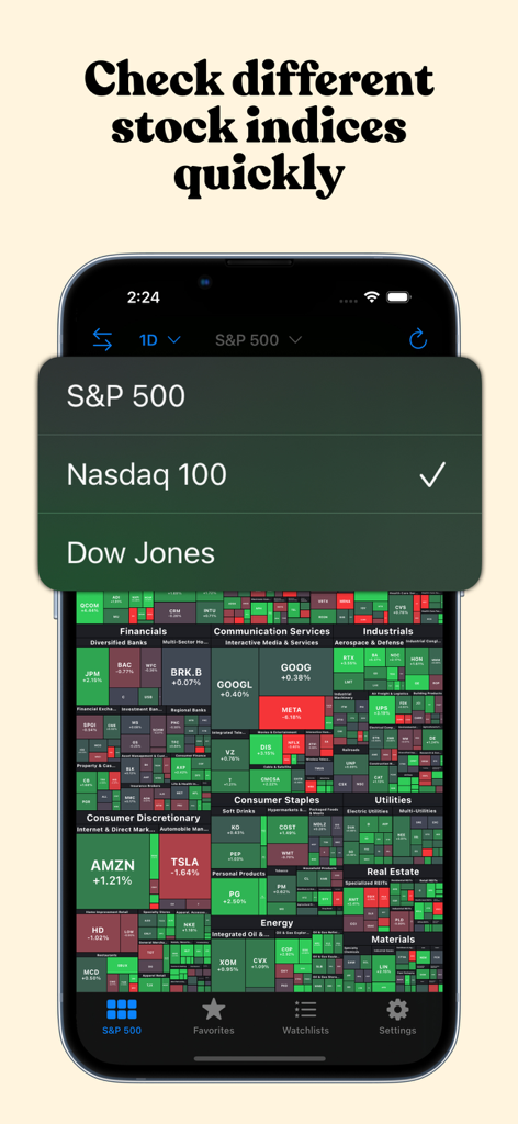 Stock Map app displaying a menu to choose between S&P 500, Nasdaq 100, and Dow Jones indices.
