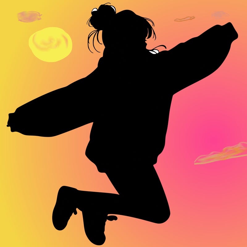 realistic girl jumping with a bun and oversized sweatshirt