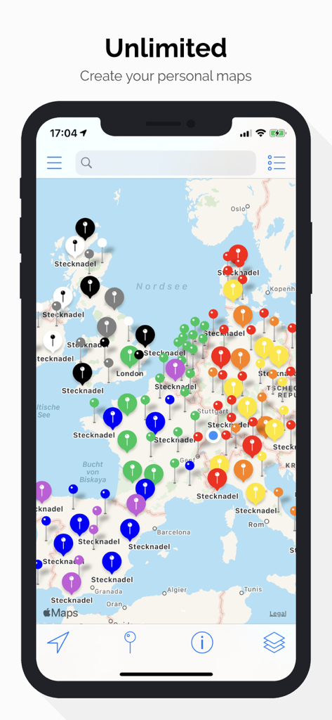 Smartphone screen displaying the Contact Map app with multiple colored pins across a map of Europe