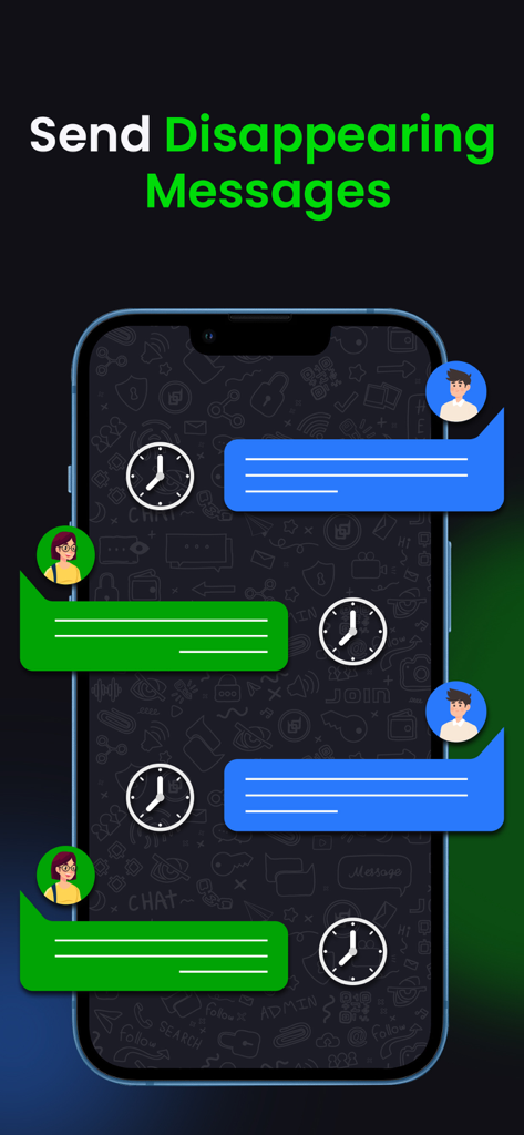 개인 정보 보호를 위해 사라지는 메시지와 타이머 아이콘이 있는 대화를 보여주는 BChat 메신저의 인터페이스