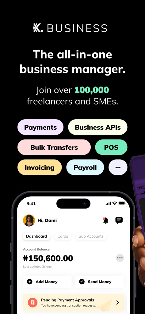 Mobile screen showing Kuda Business app dashboard with account balance and business management features like payments and invoicing