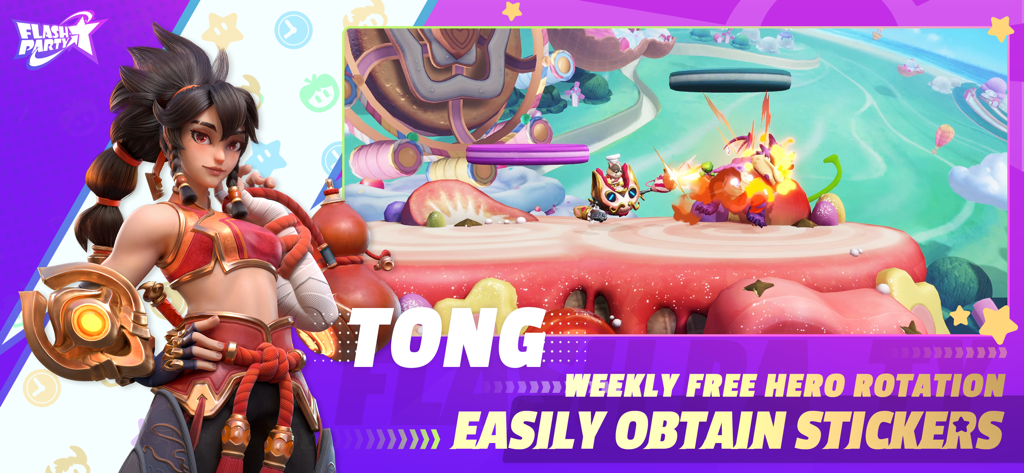 Flash Party - Flash Partyのキャラクター「Tong」と対戦アクションのゲームプレイをフィーチャーしたモバイルゲームのスクリーンショット