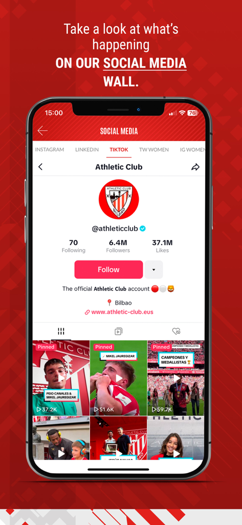 Athletic Club official app displaying the social media wall with TikTok feed integration