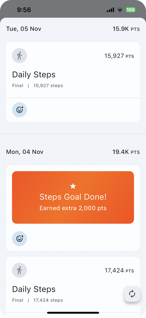 Count.It Journey - Count.It Journey app screen displaying a daily activity log with step counts, points earned, and a steps goal completed notification.