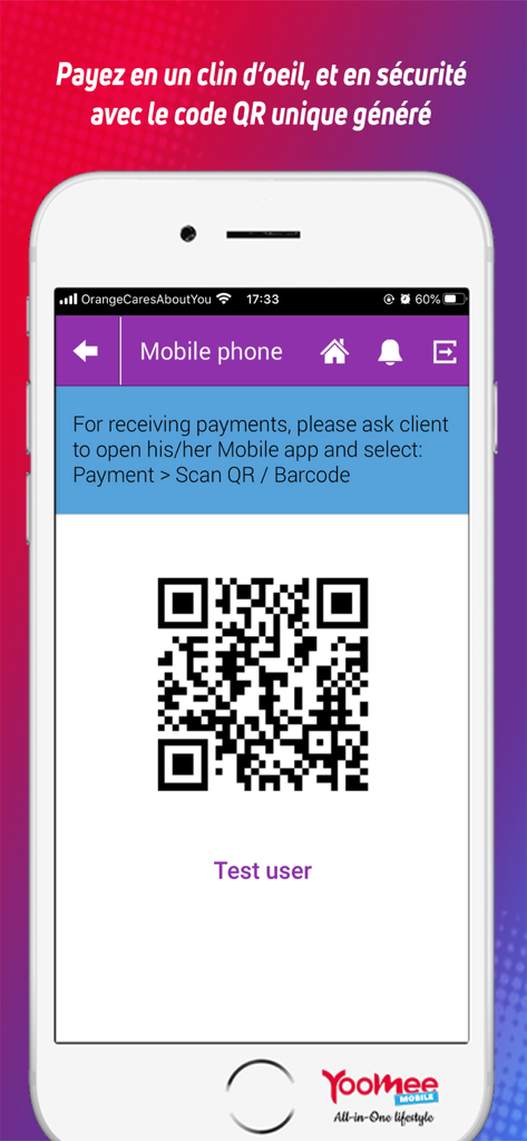 YooMee Mobile All In One - YooMee Mobile app interface showing a unique QR code for secure and fast mobile payments