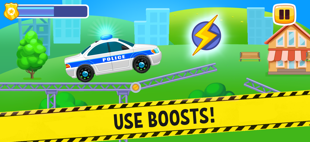 Police Racing! Cars Race Games - A cartoon police car driving on a track towards a lightning bolt speed boost icon with text saying Use Boosts.
